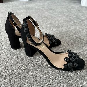 Sz 7 L’INTERVALLE Pearls Black Nubuck Suede Chunky Heels